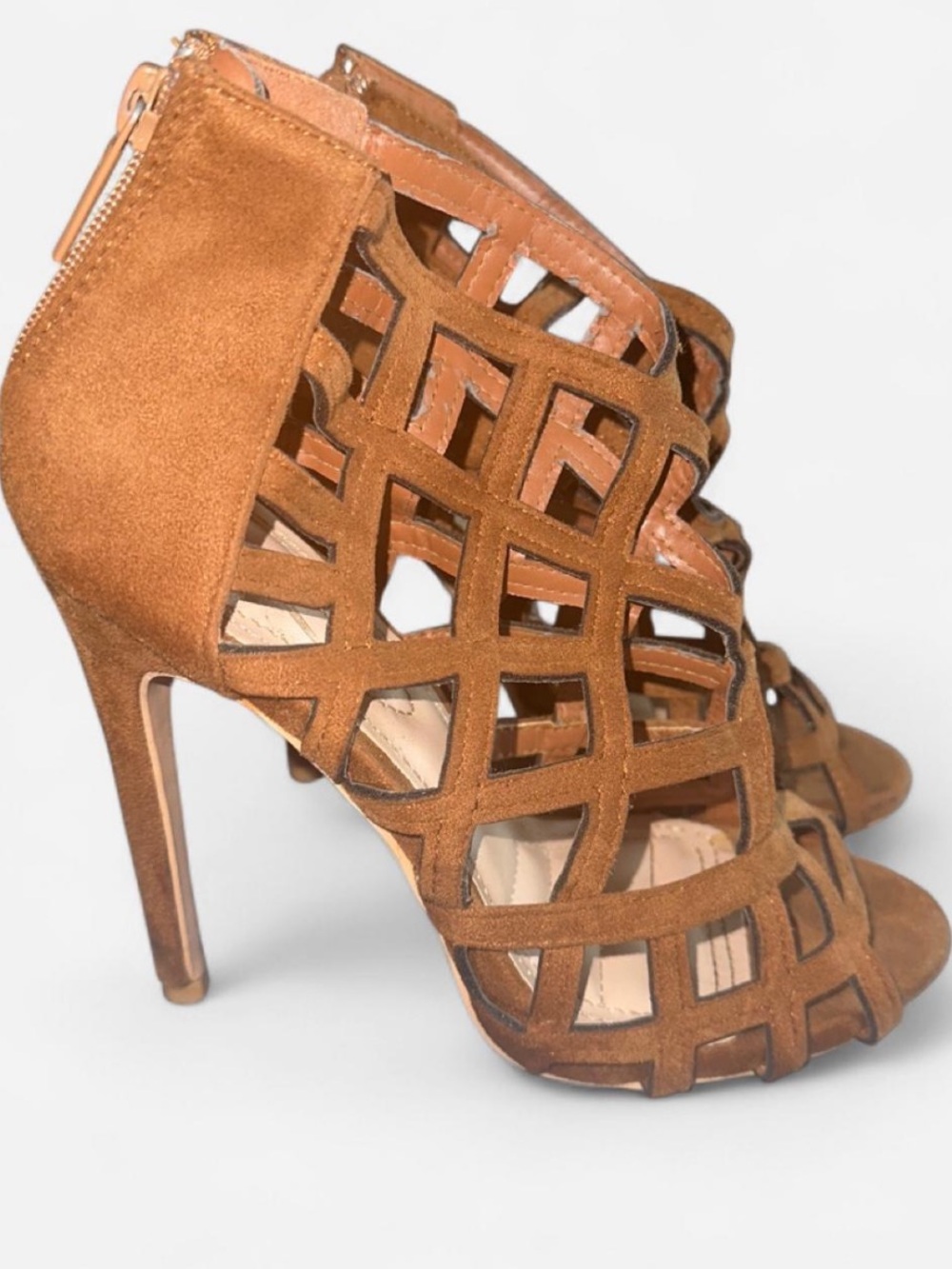 Women's Tan Suede Cage High Heel Sandals